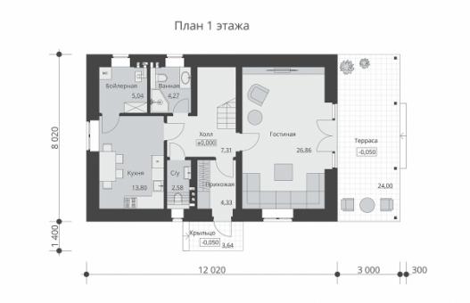 Одноэтажный дом с мансардой, просторной гостиной и тремя спальнями